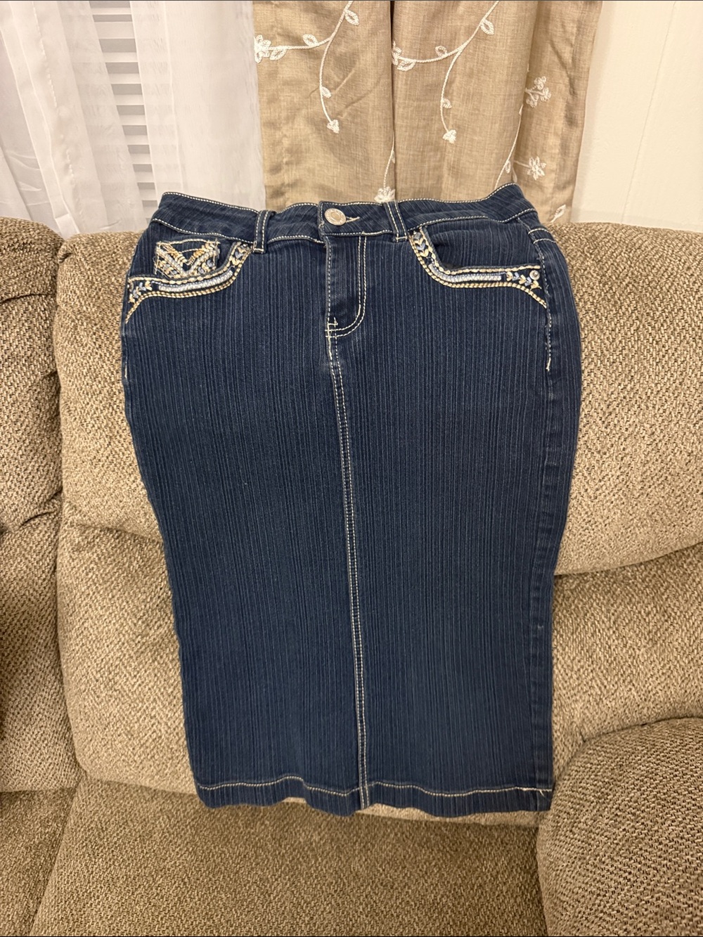 Dark Blue Embellished Denim Pencil Skirt
